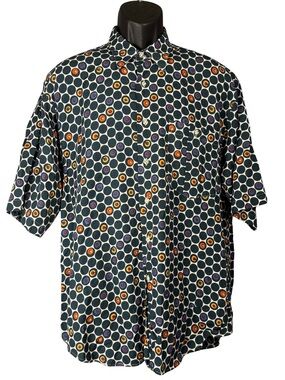 Vtg 90s Reunion Rayon Linen Geometric Shirt M Circle Target Abstract Pop Art Mod
